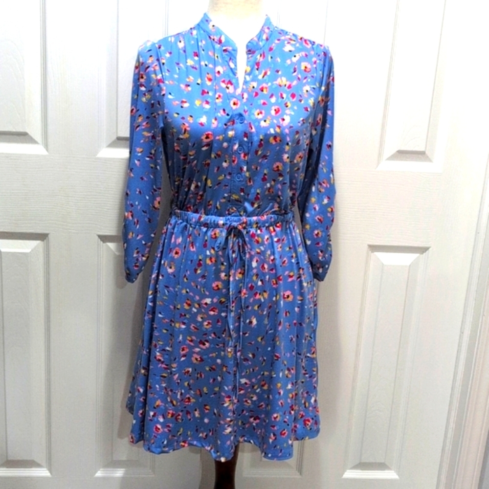 Robert Louis Floral Blue Dress Cinch Waist Scrunch Sleeves Medium